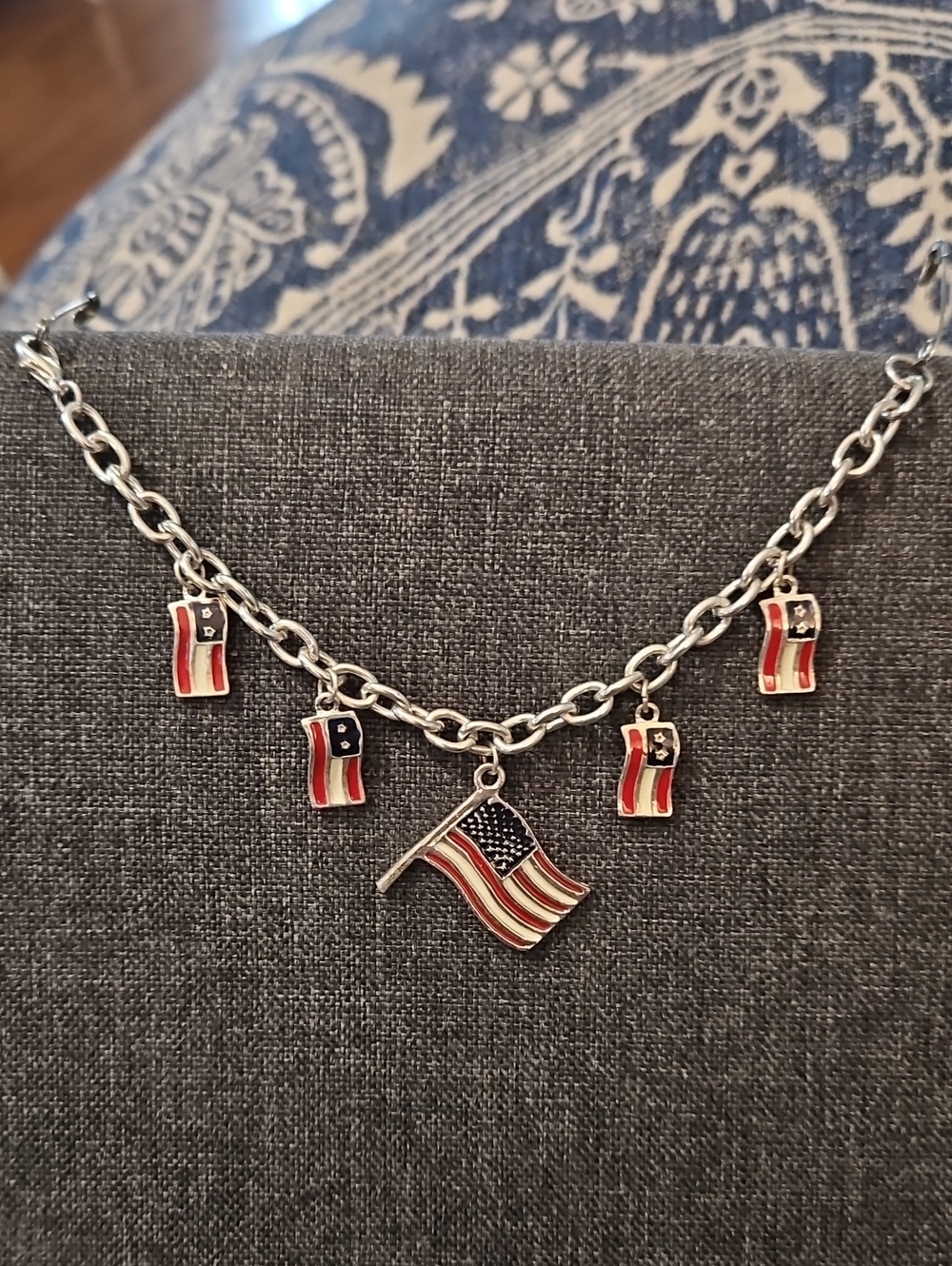 Patriotic Silver-Tone American Flag Charm Bracelet- Red, White & Blue